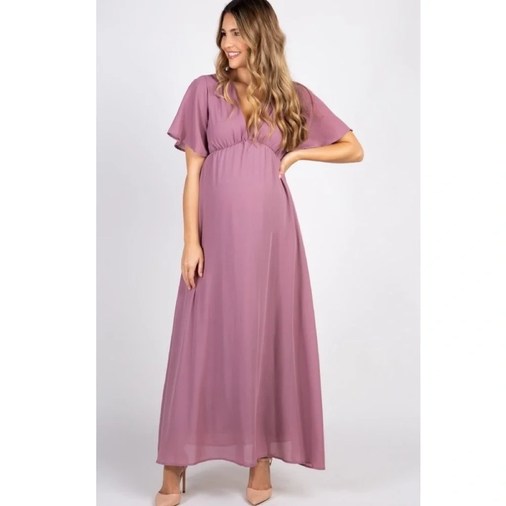 𝅺PinkBlush Mauve chiffon flutter fleece maxi nwot